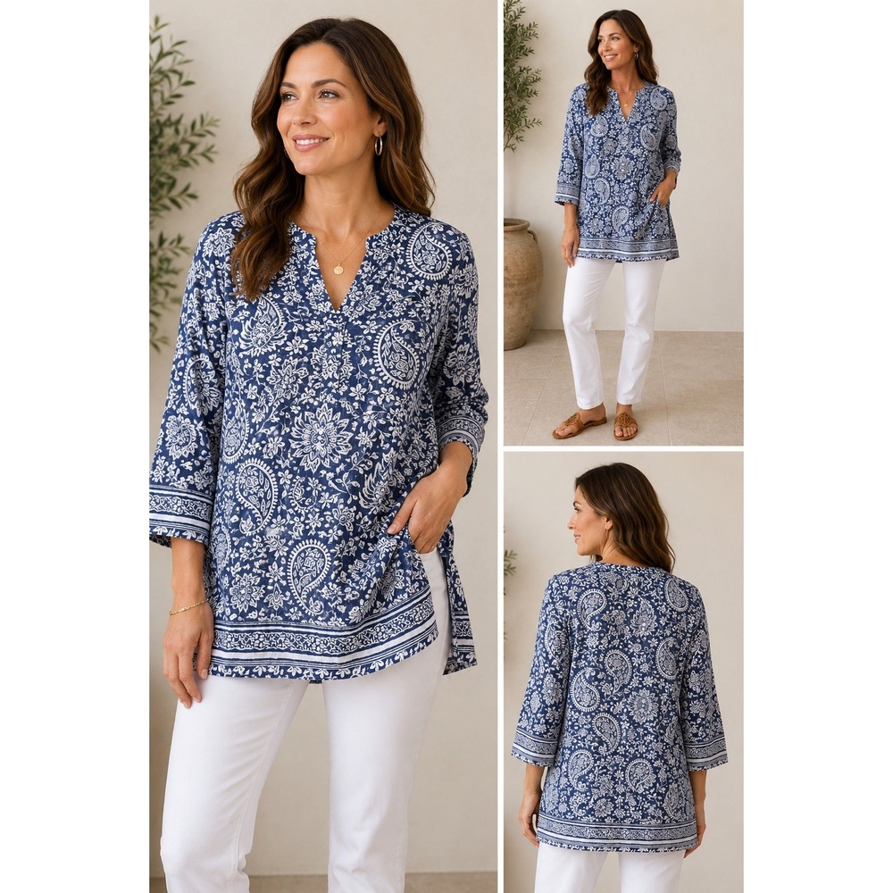 Sigrid Olsen Blue White Paisley 100% Linen Tunic Blouse V-Neck Women's Large
